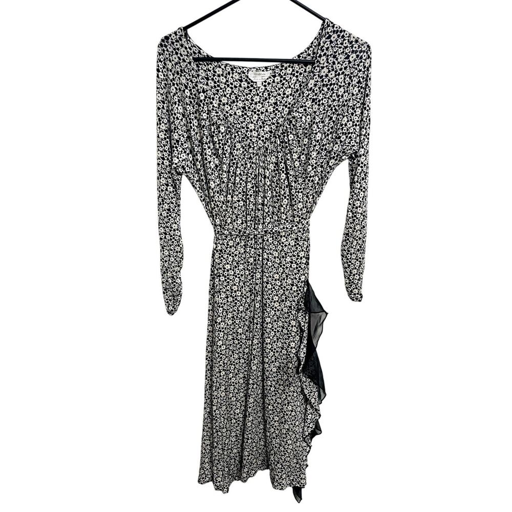 Max Mara Floral Asymmetric Midi Long Sleeve Belted Ruffle Dress Size 44 (US 10)